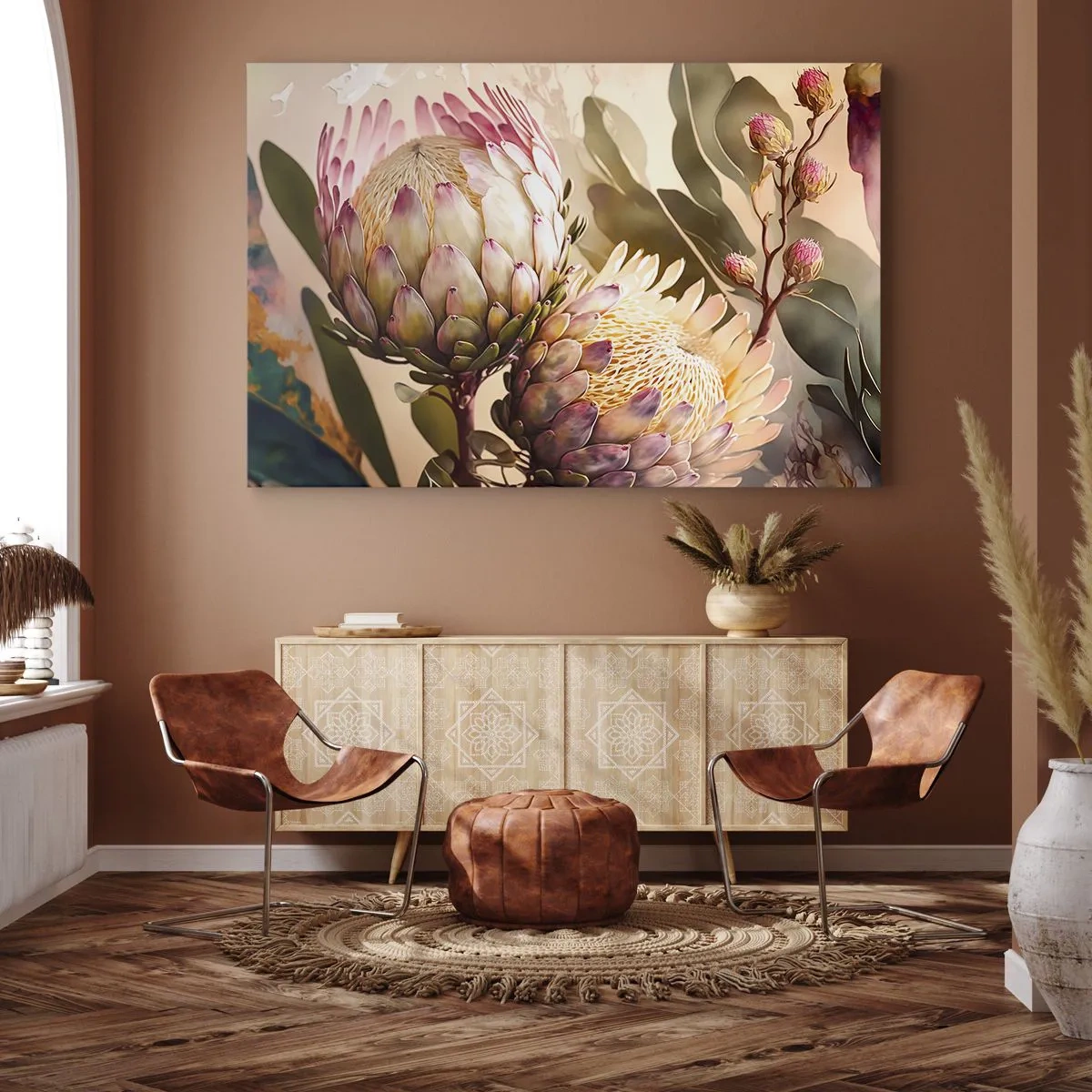 Bild auf Leinwand - Leinwandbild - Bunte Protea-Blüten auf zartem Hintergrund - 70x50cm - Zärtlich umarmt - Moderne Wanddekoration für Wohnzimmer und Schlafzimmer ARTTOR