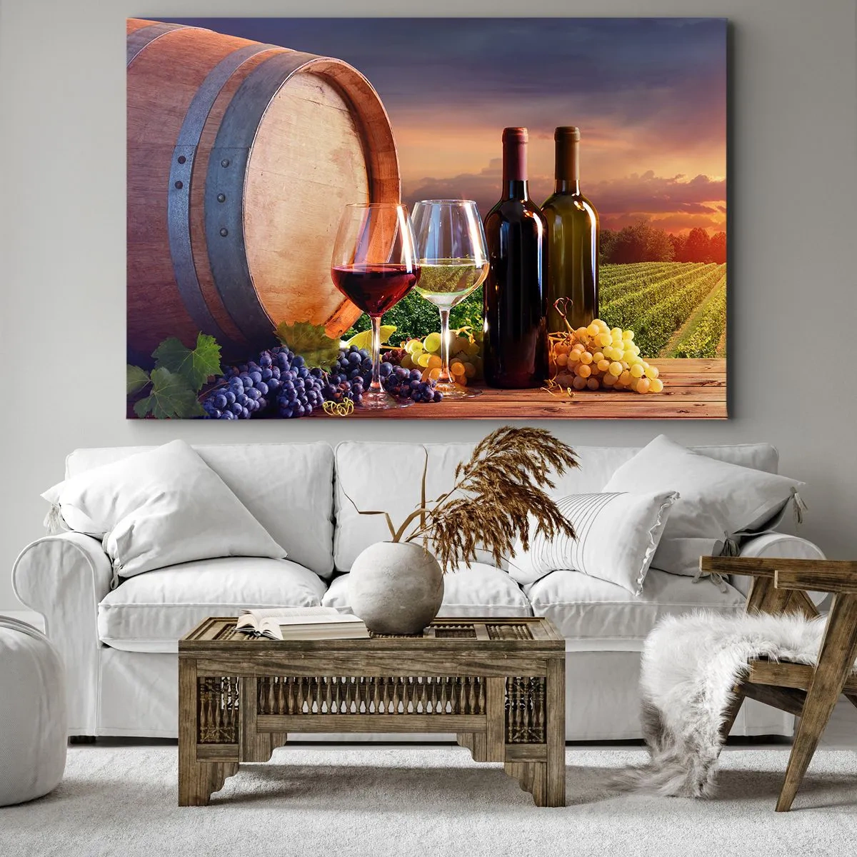 Bild auf Leinwand - Leinwandbild - Wein, Gläser und ein Fass in einer malerischen Landschaft - 100x70cm - Hier schmeckt das Leben - Moderne Wanddekoration für Wohnzimmer und Schlafzimmer ARTTOR