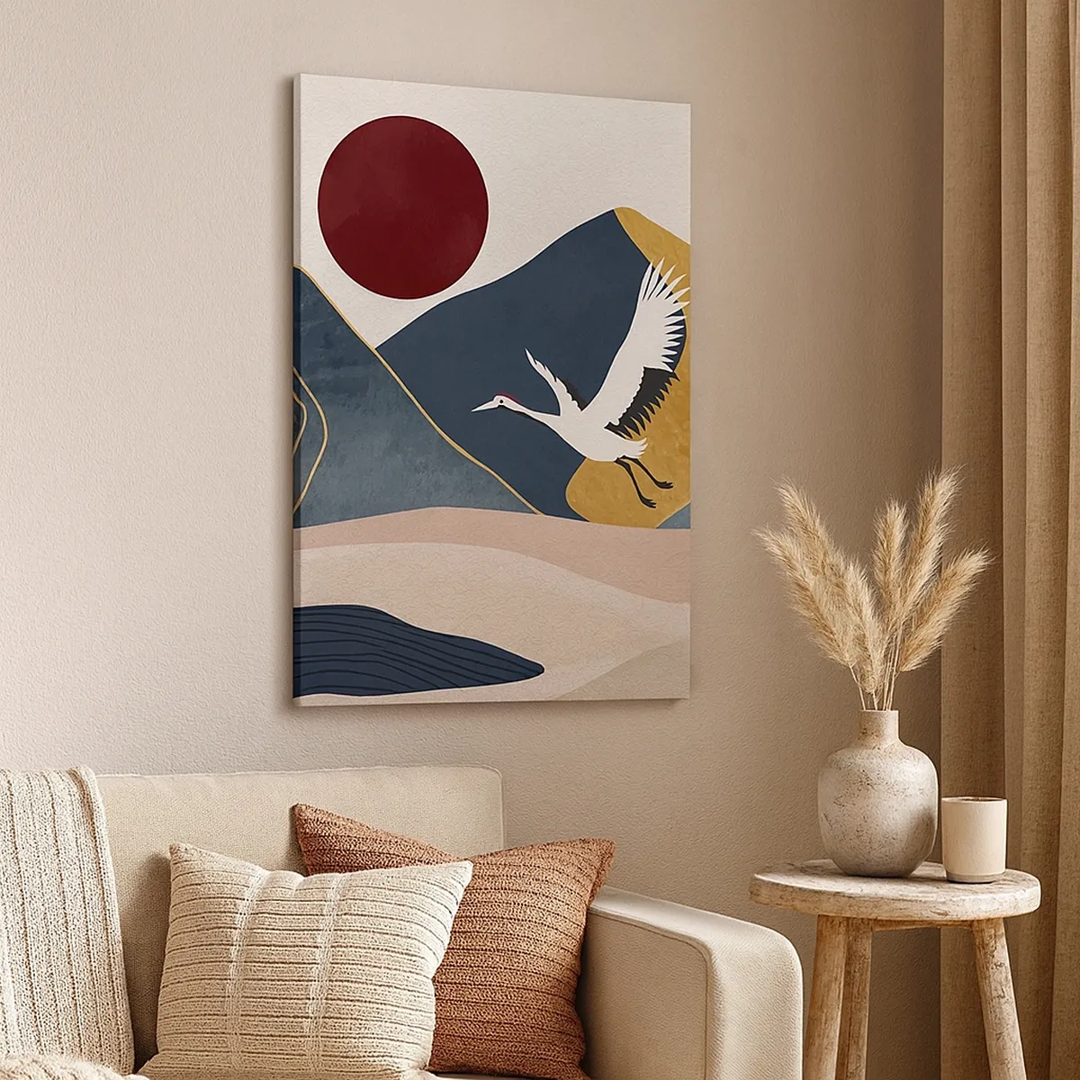 Bild auf Leinwand - Leinwandbild - Kraniche im Flug vor der Kulisse der Berge und einer roten Sonne - 50x70cm - Es ist wieder ein Tag VERFLOGEN - Moderne Wanddekoration für Wohnzimmer und Schlafzimmer ARTTOR