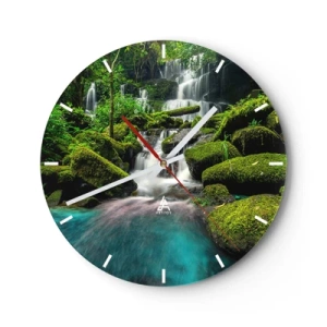 Wanduhr - Glasuhr - Ein grüner Wasserfall mit einem türkisfarbenen See, umgeben von Moos - 30x30cm - Türkis, Saphire und flüssiges Silber - Moderne Wanddekoration für Wohnzimmer, Küche und Schlafzimmer ARTTOR