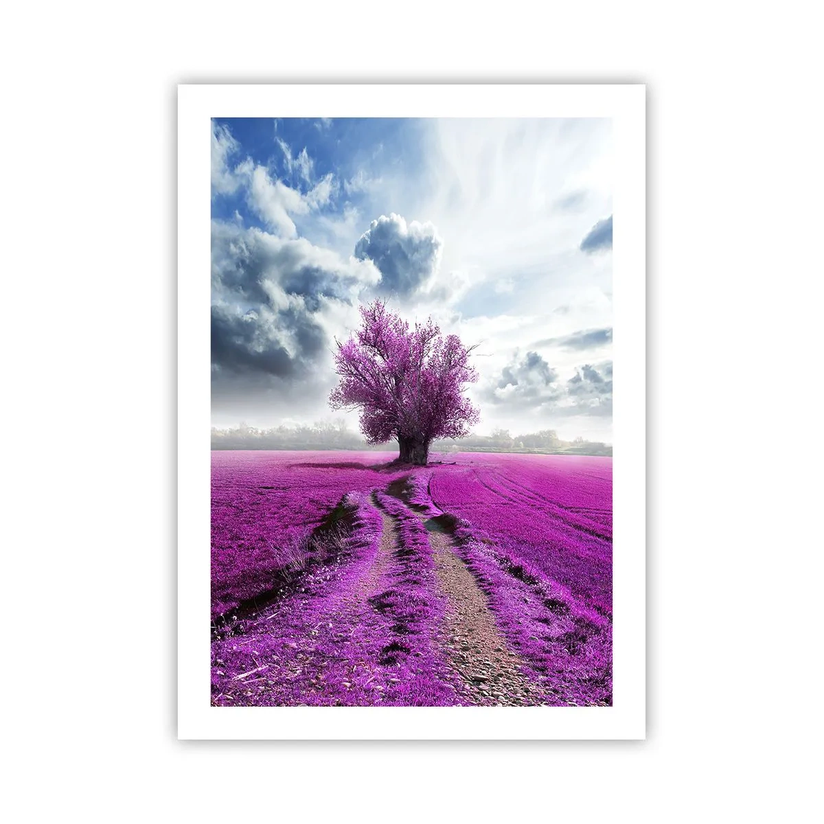 Poster - Ein Baum auf einem Feld in Lilatönen - 50x70cm - Heide - Wildnis - Moderne Wanddekoration für Wohnzimmer und Schlafzimmer ARTTOR