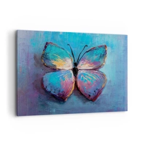 Bild auf Leinwand - Leinwandbild - Bunter Schmetterling auf blauem Hintergrund - 120x80cm - In all seiner Pracht - Moderne Wanddekoration für Wohnzimmer und Schlafzimmer ARTTOR