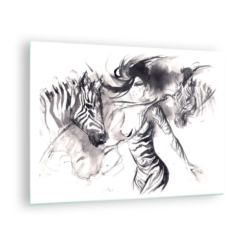 Glasbild - Bild auf glas - Schwarz-Weiß-Komposition mit einer Frau und einem Zebra im künstlerischen Stil - 70x50cm - Tanzen mit den Zebras - Moderne Wanddekoration für Wohnzimmer und Schlafzimmer ARTTOR
