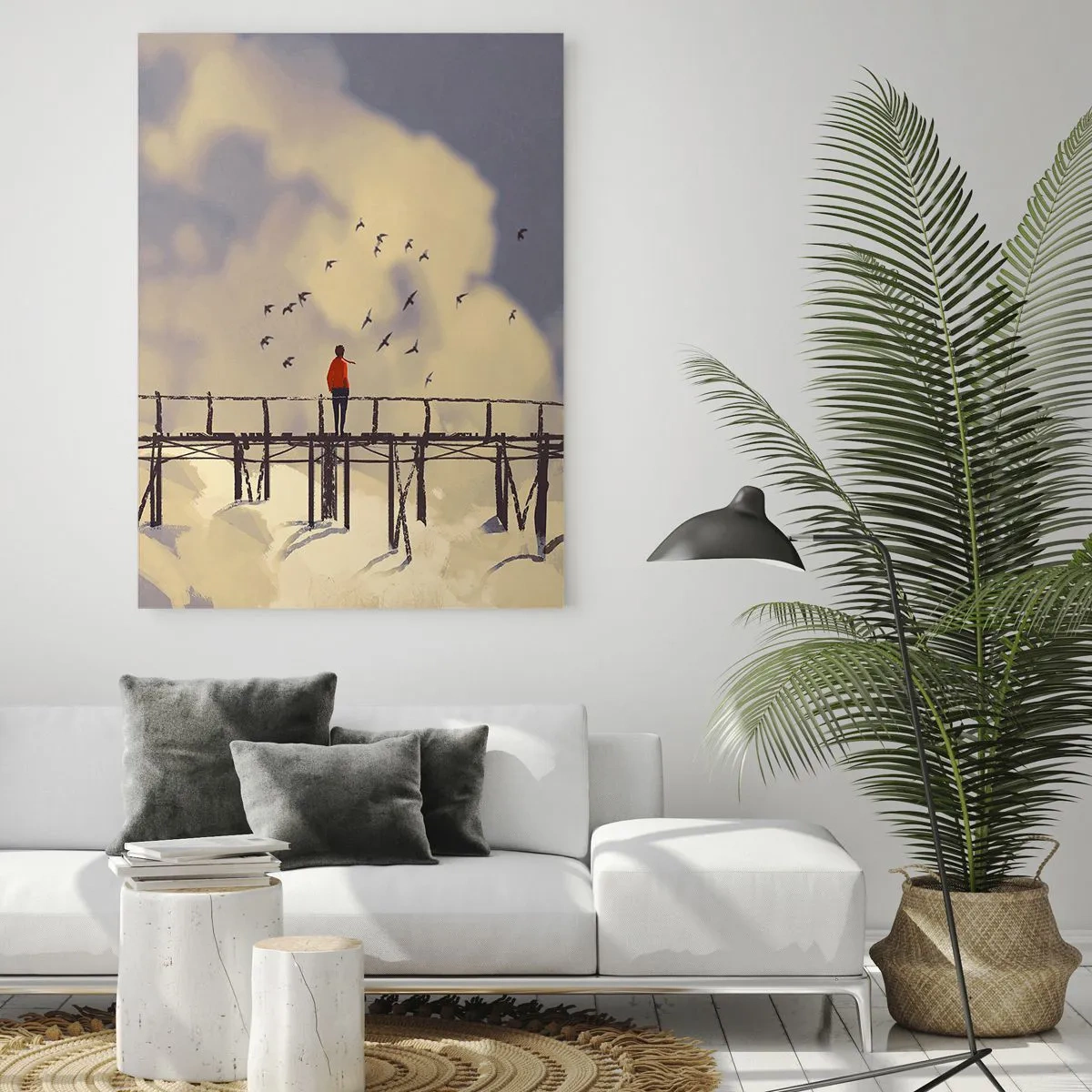 Glasbild - Bild auf glas - Eine Figur auf einer Brücke zwischen Wolken mit Vögeln am Himmel - 70x100cm - Blaue Sehnsucht - Moderne Wanddekoration für Wohnzimmer und Schlafzimmer ARTTOR