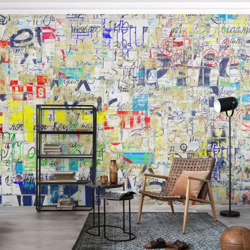 Fototapete Standard Eco - Abstrakte Komposition aus Text, Farben und Strukturen - 100x70cm - Es freut einfach die Augen - Moderne Wanddekoration für Wohnzimmer und Schlafzimmer ARTTOR