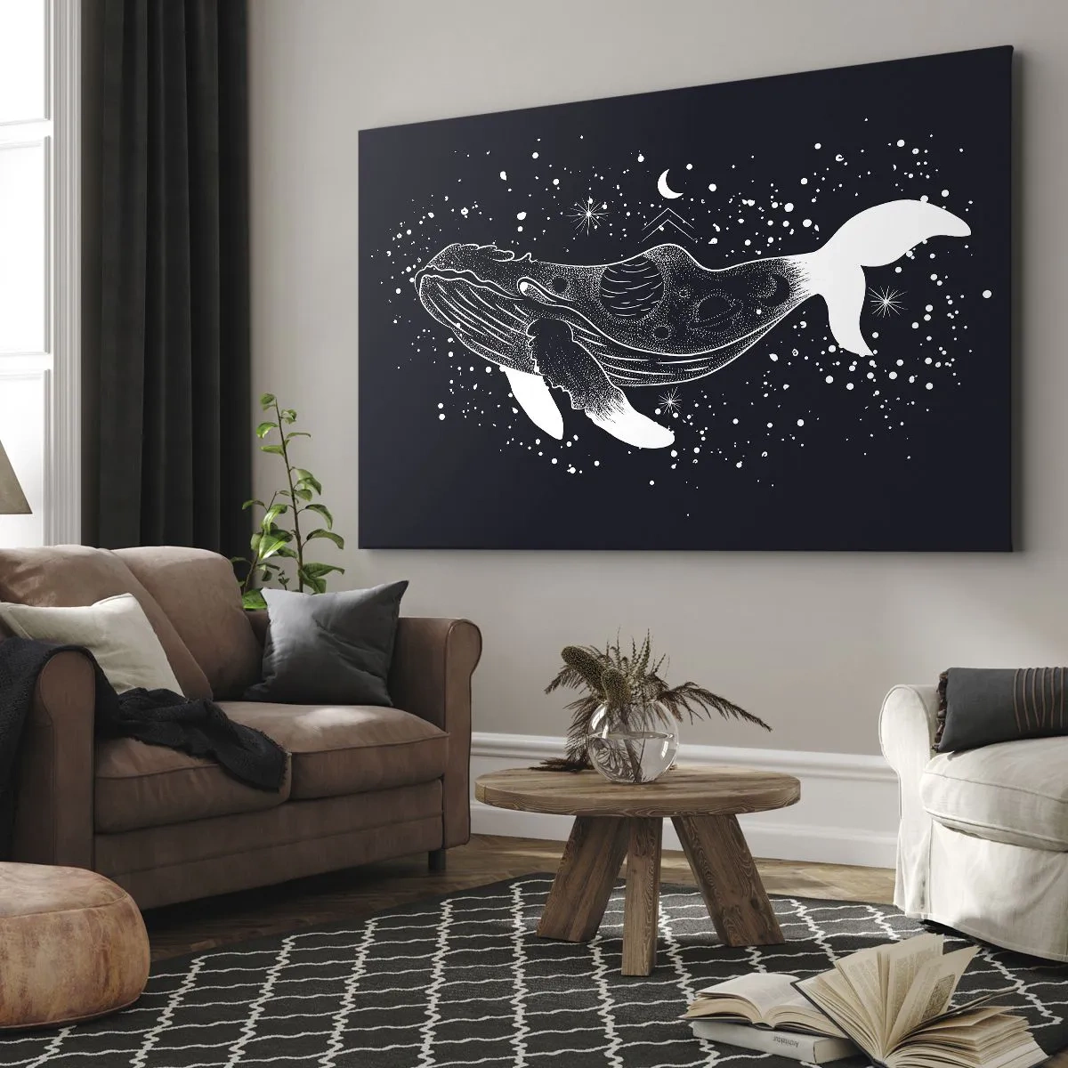 Bild auf Leinwand - Leinwandbild - Eine grafische Illustration eines Wals im Space-Age-Stil. - 120x80cm - Im Ozean des Universums - Moderne Wanddekoration für Wohnzimmer und Schlafzimmer ARTTOR