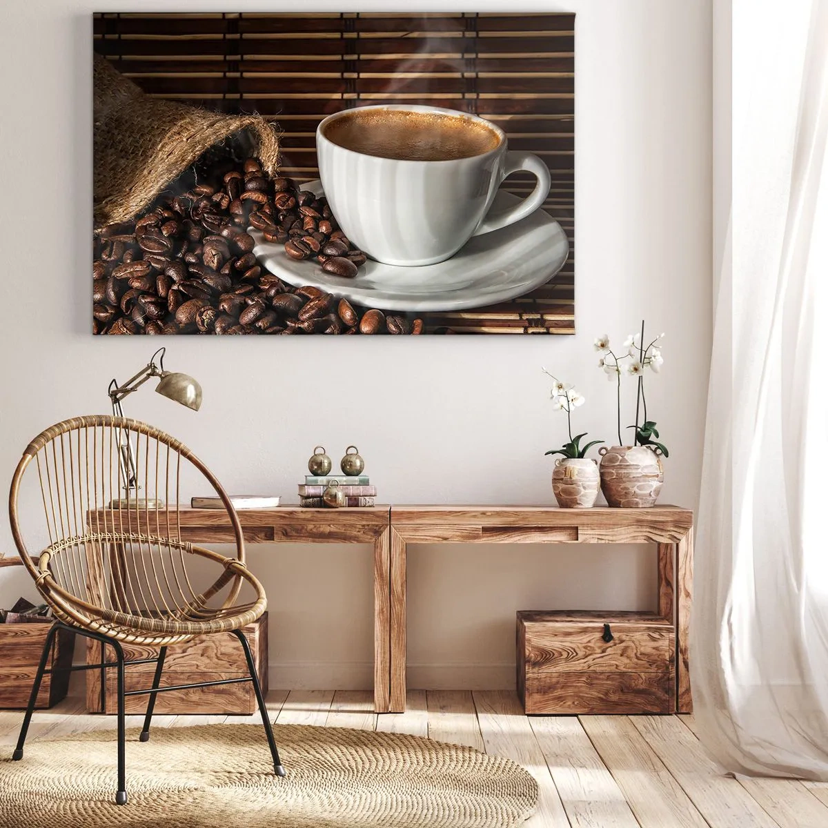 Bild auf Leinwand - Leinwandbild - Eine Tasse Kaffee mit Bohnen auf Bambus-Hintergrund - 120x80cm - Die Schwärze von Kohle, die Klarheit von Bernstein - Moderne Wanddekoration für Wohnzimmer und Schlafzimmer ARTTOR