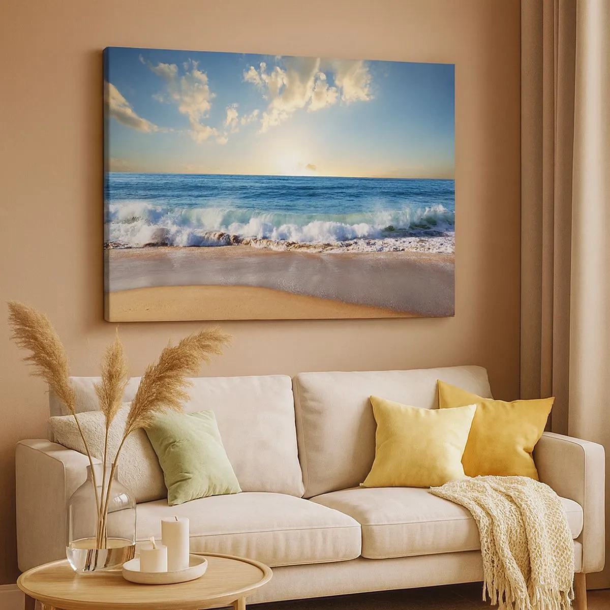 Bild auf Leinwand - Leinwandbild - Ein sonniger Strand mit Wellen, die an die Küste krachen - 70x50cm - Bewegung und Stille zugleich - Moderne Wanddekoration für Wohnzimmer und Schlafzimmer ARTTOR