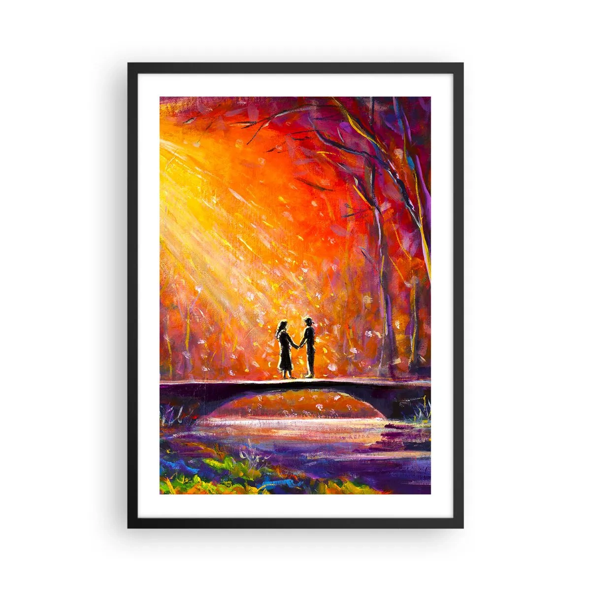 Poster in einem schwarzem Rahmen - Ein Paar auf einer Brücke, umgeben von einer farbenfrohen Landschaft - 50x70cm - Der Himmel liebt sie auch - Moderne Wanddekoration für Wohnzimmer und Schlafzimmer ARTTOR