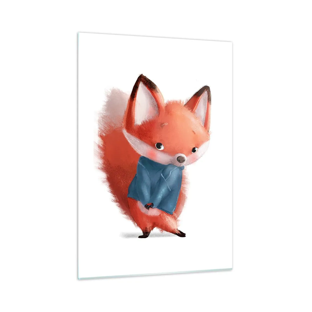 Glasbild - Bild auf glas - Ein süßer Fuchs in einem blauen Pullover auf weißem Hintergrund - 50x70cm - Steht mir das gut? - Moderne Wanddekoration für Wohnzimmer und Schlafzimmer ARTTOR