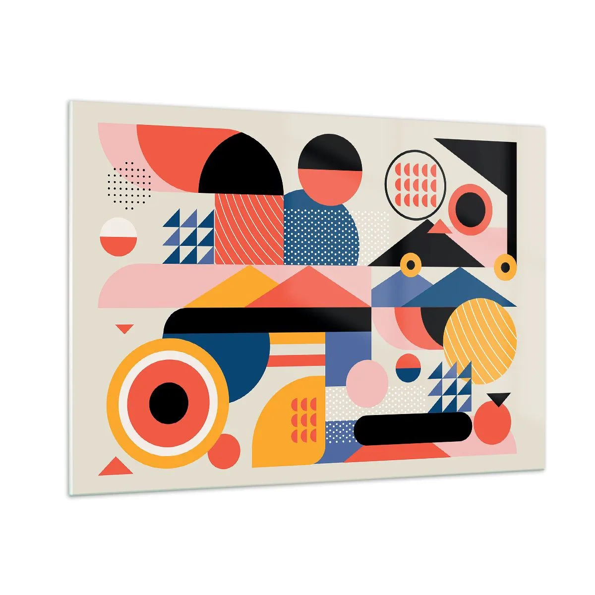 Glasbild - Bild auf glas - Bunte geometrische Abstraktion mit Kreisen und Dreiecken - 100x70cm - Komposition: Na, los, spiel! - Moderne Wanddekoration für Wohnzimmer und Schlafzimmer ARTTOR