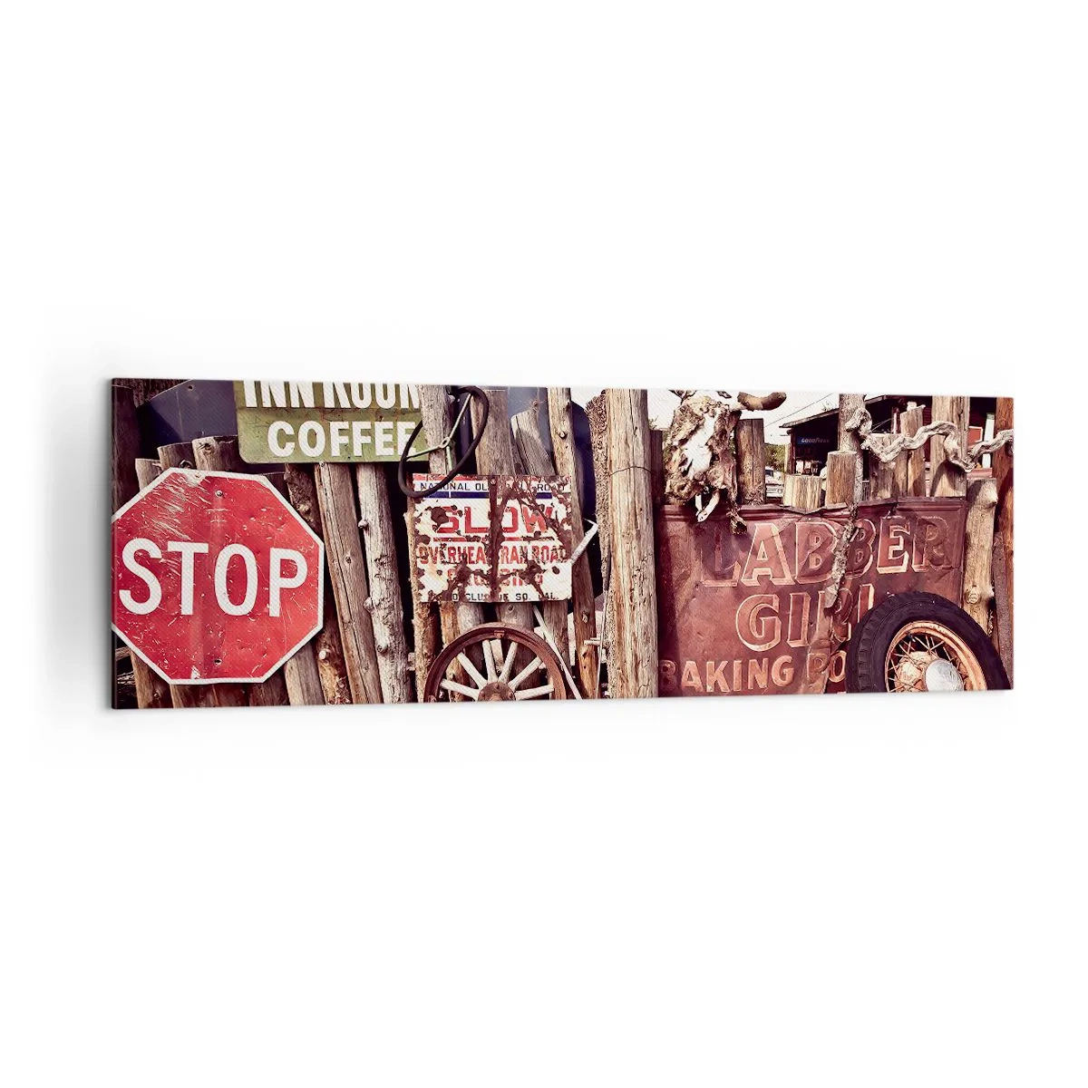 Bild auf Leinwand - Leinwandbild - Rustikale Dekoration mit Schildern und einem Rad am Zaun - 160x50cm - Und die Zeit ist stehen geblieben - Moderne Wanddekoration für Wohnzimmer und Schlafzimmer ARTTOR