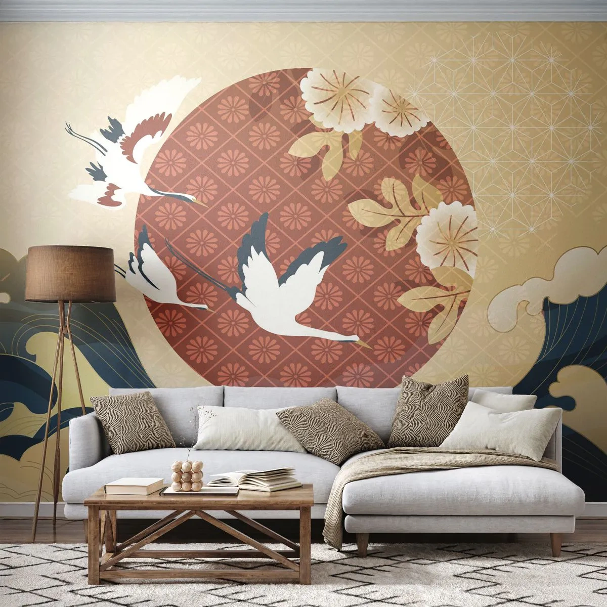 Fototapete Standard Eco - Japanisches Märchen - Reiher, Vogel, Abstraktion - 350x256 cm