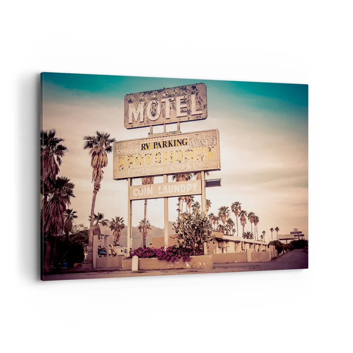 Bild auf Leinwand - Leinwandbild - Retro-Motelschild, umgeben von Palmen - 100x70cm - Hier ist die Zeit stehen geblieben - Moderne Wanddekoration für Wohnzimmer und Schlafzimmer ARTTOR