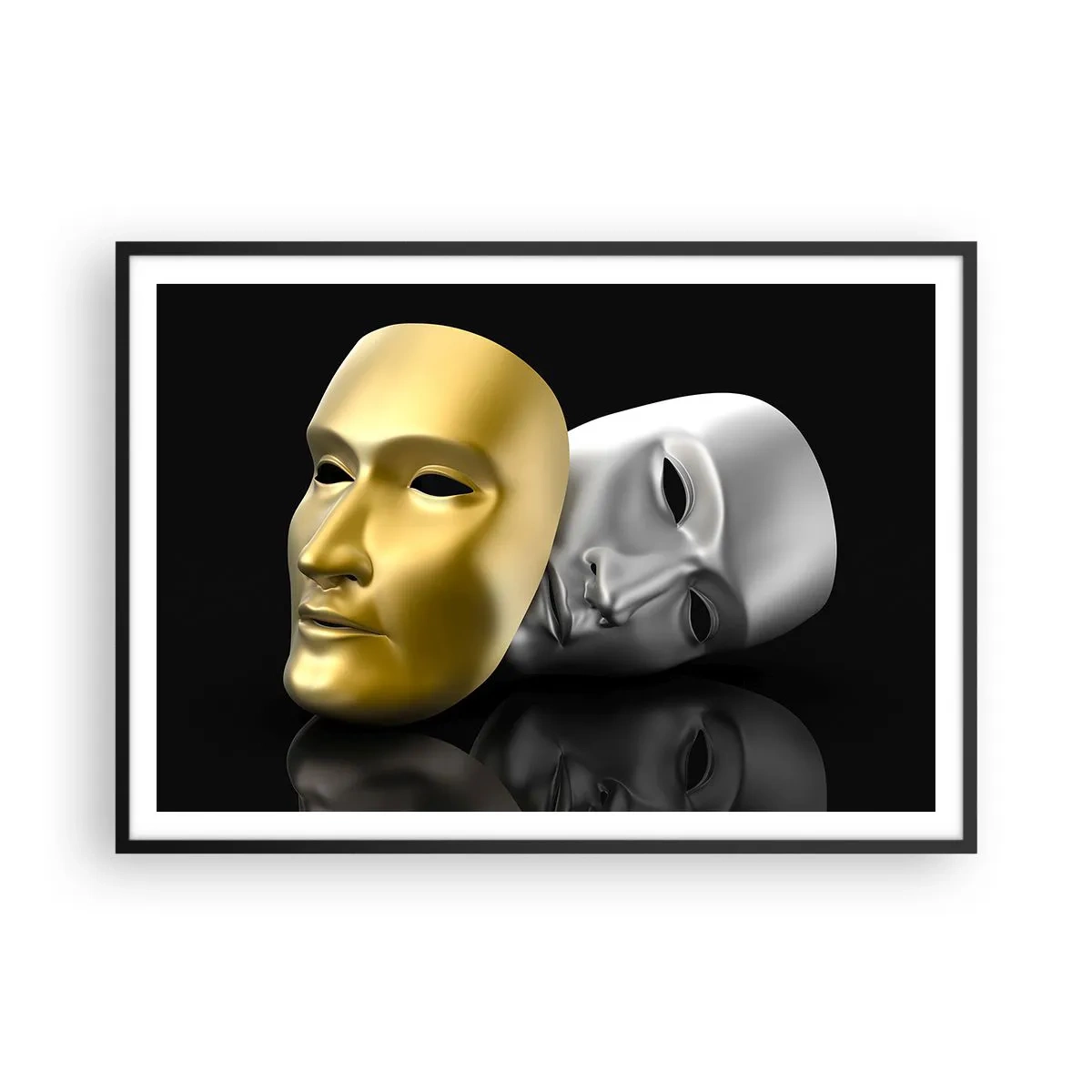 Poster in einem schwarzem Rahmen - Gold- und Silbermaske auf schwarzem Hintergrund - 100x70cm - Das Leben ist wie ein Theater - Moderne Wanddekoration für Wohnzimmer und Schlafzimmer ARTTOR