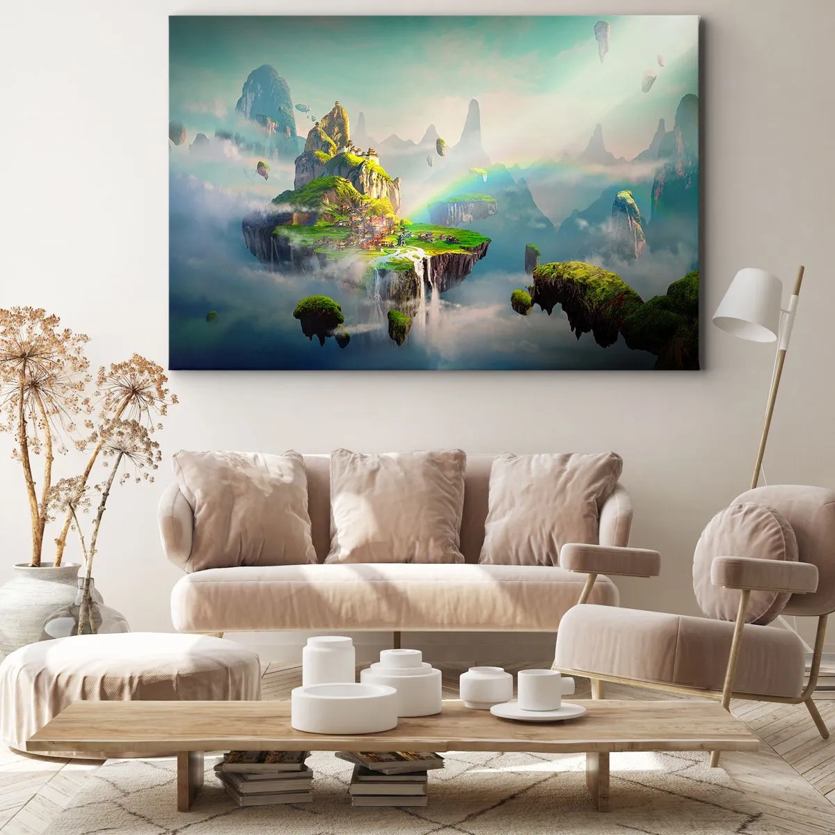 Bild auf Leinwand - Leinwandbild - Fliegende Inseln zwischen den Wolken mit einem Regenbogen am Horizont - 100x70cm - Mitten am Himmel - glückliche Inseln - Moderne Wanddekoration für Wohnzimmer und Schlafzimmer ARTTOR