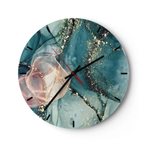 Wanduhr - Glasuhr - Künstlerische Farbtupfer in Türkis- und Rosatönen mit goldenen Akzenten - 30x30cm - Seidenblau, Tüllrosa - Moderne Wanddekoration für Wohnzimmer, Küche und Schlafzimmer ARTTOR