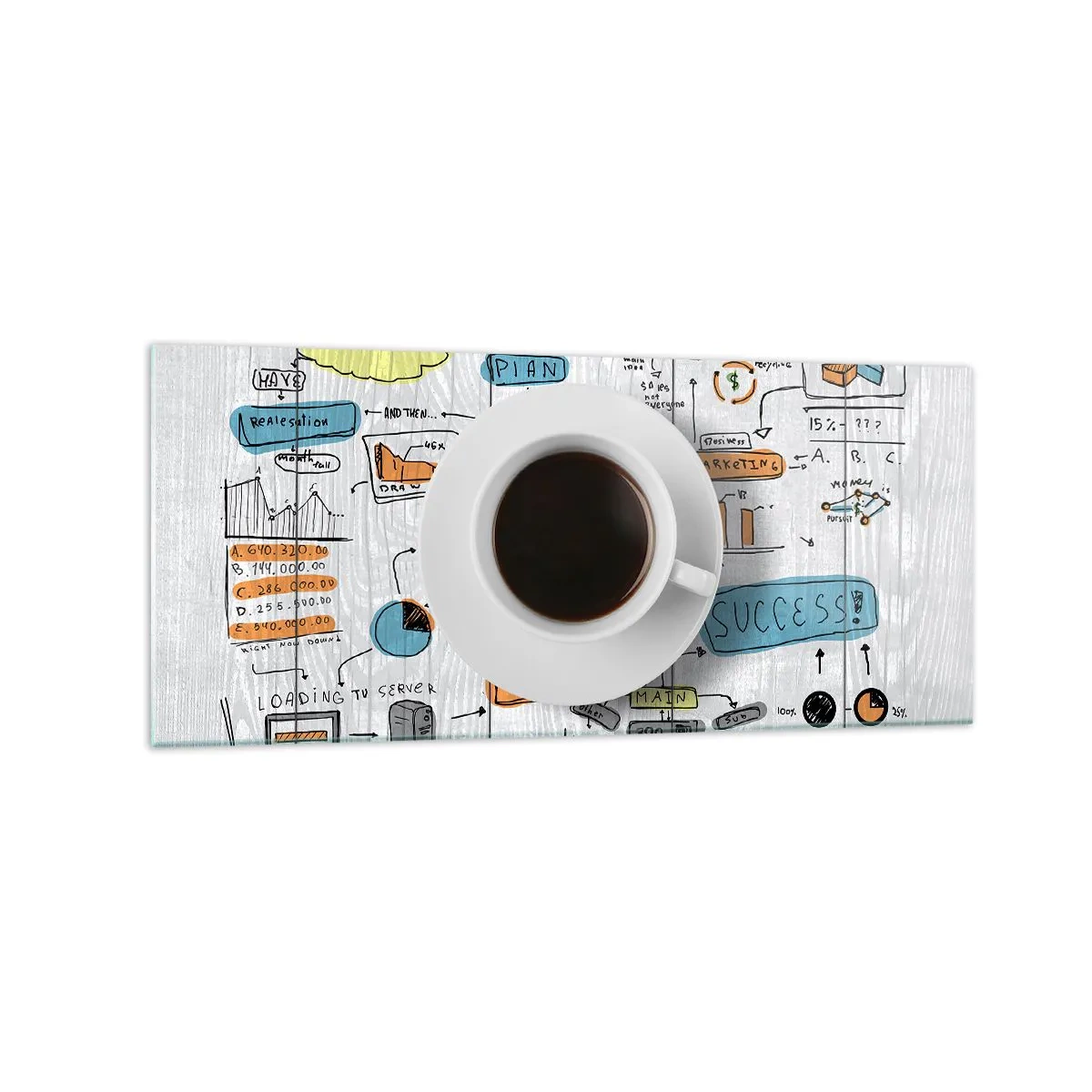 Glasbild - Bild auf glas - Eine Tasse Kaffee vor dem Hintergrund einer konzeptionellen Zeichnung - 120x50cm - Zeit für eine Pause - Moderne Wanddekoration für Wohnzimmer und Schlafzimmer ARTTOR