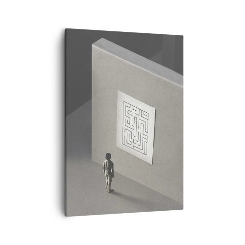 Bild auf Leinwand - Leinwandbild - Eine Figur in einem Labyrinth, die auf eine hängende Karte schaut - 50x70cm - Aber wo bin ich? - Moderne Wanddekoration für Wohnzimmer und Schlafzimmer ARTTOR