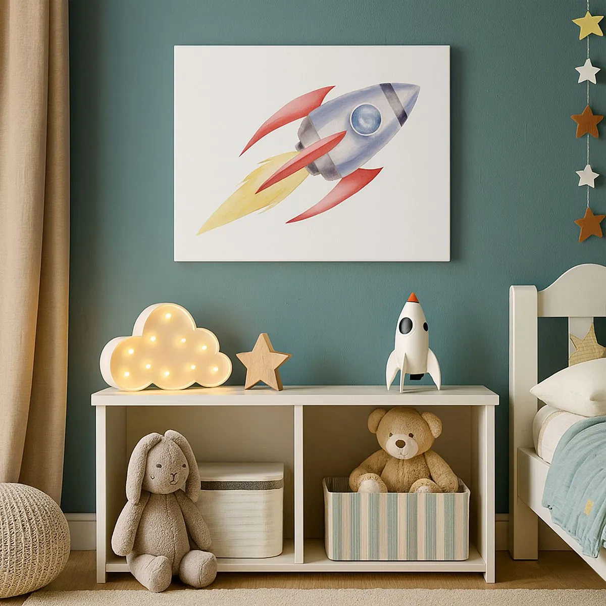 Bild auf Leinwand - Leinwandbild - Rakete im Aquarellstil auf weißem Hintergrund - 70x50cm - Höher, schneller, weiter - Moderne Wanddekoration für Wohnzimmer und Schlafzimmer ARTTOR