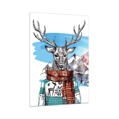 Glasbild - Bild auf glas - Ein Hirsch in Pullover und Schal vor einer Berglandschaft - 50x70cm - Auch ein Reh friert nicht - Moderne Wanddekoration für Wohnzimmer und Schlafzimmer ARTTOR