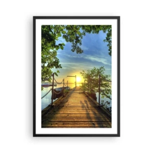 Poster in einem schwarzem Rahmen - Holzsteg über dem See bei Sonnenuntergang - 50x70cm - Westen auf dem Wasser - Moderne Wanddekoration für Wohnzimmer und Schlafzimmer ARTTOR