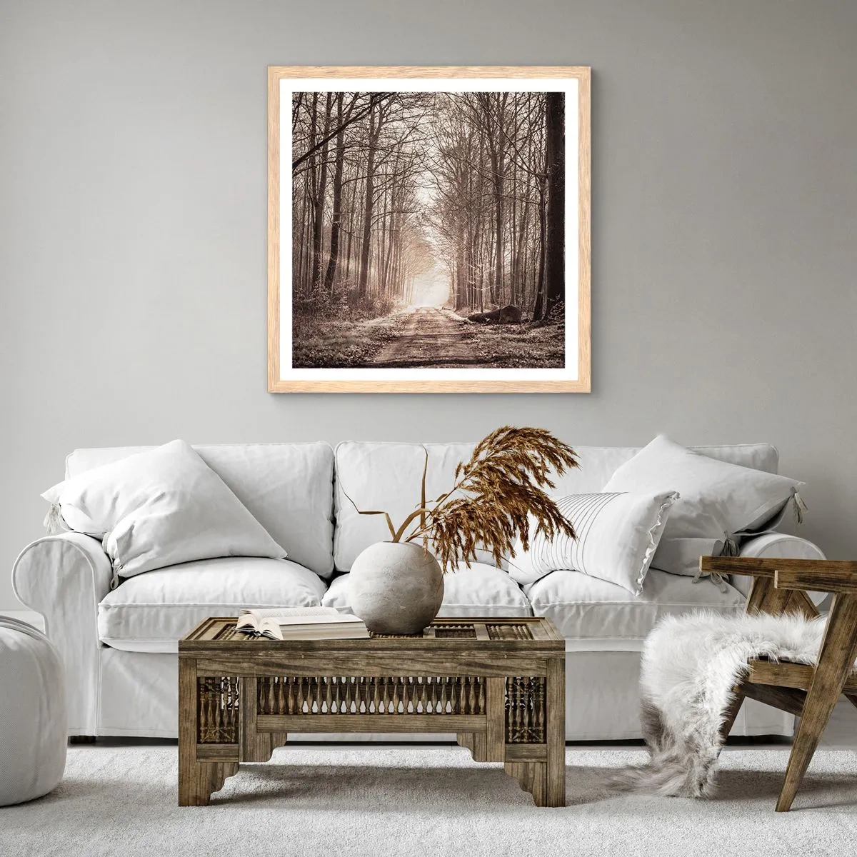 Poster in einem Rahmen aus heller Eiche - Waldkathedrale - 30x30 cm