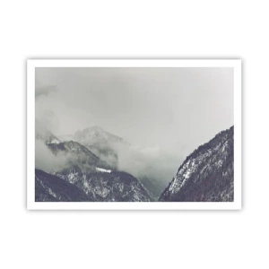 Poster - Ein in Nebel gehülltes Bergtal in Grautönen - 100x70cm - Nebliges Tal - Moderne Wanddekoration für Wohnzimmer und Schlafzimmer ARTTOR