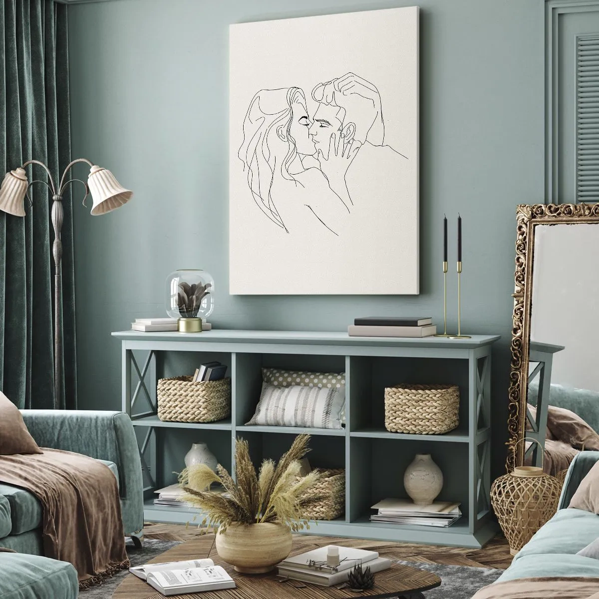 Bild auf Leinwand - Leinwandbild - Eine minimalistische Illustration eines Paares in einer liebevollen Umarmung - 50x70cm - Verstrickt im Gefühl - Moderne Wanddekoration für Wohnzimmer und Schlafzimmer ARTTOR