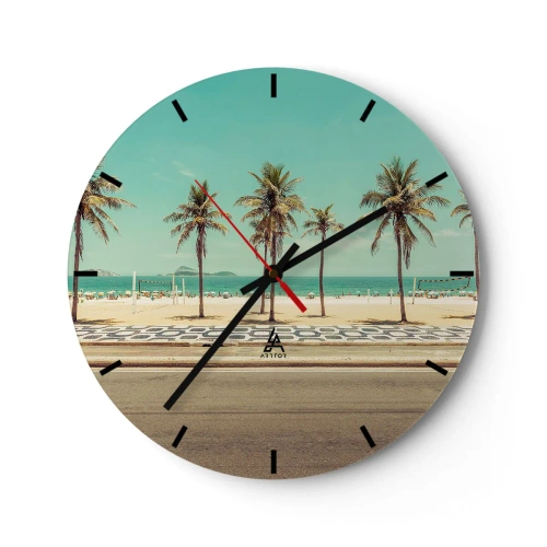 Wanduhr - Glasuhr - Palmen und ein Strand mit Promenade am türkisfarbenen Meer - 30x30cm - Beim Bewachen des Strandes - Moderne Wanddekoration für Wohnzimmer, Küche und Schlafzimmer ARTTOR