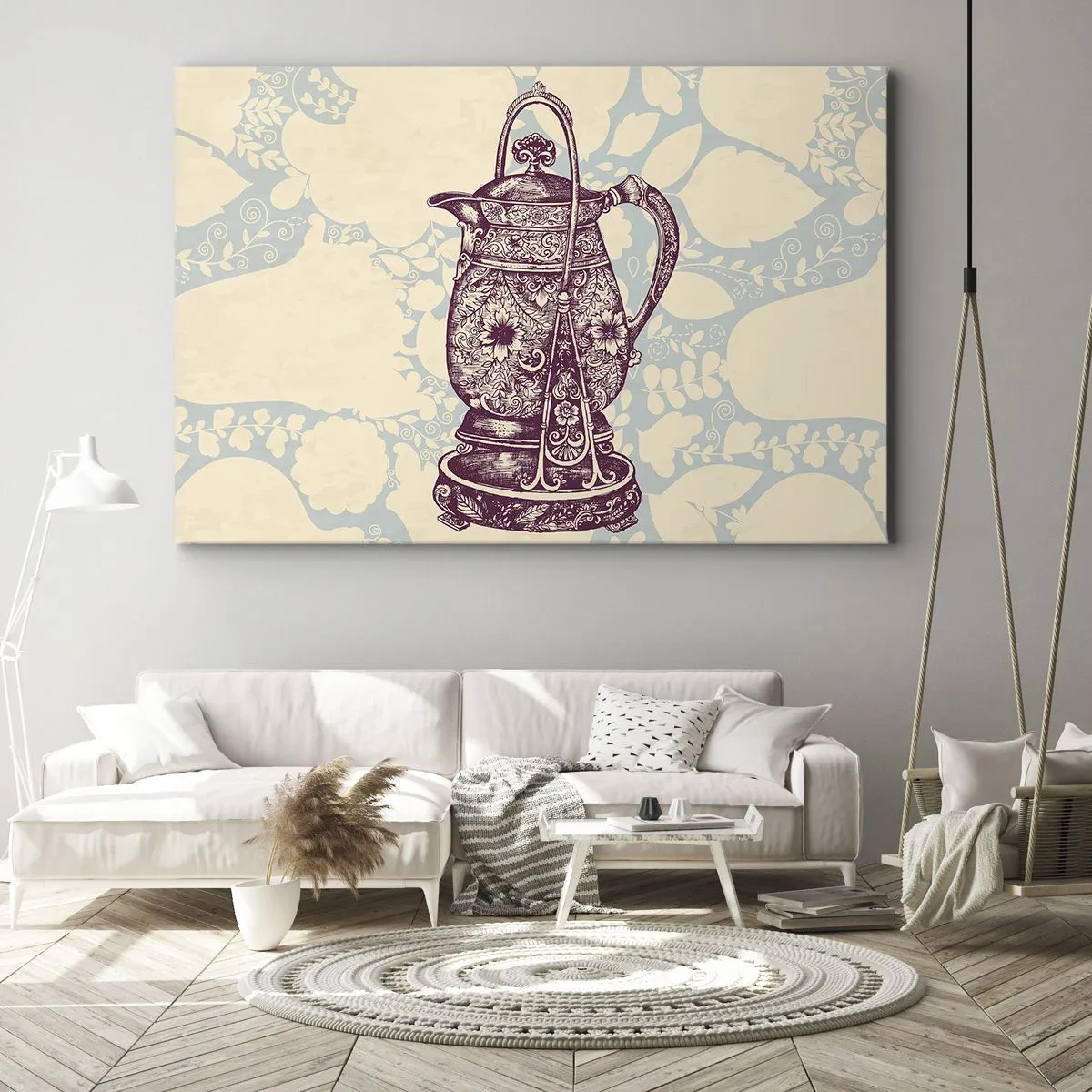 Bild auf Leinwand - Leinwandbild - Stilisierter Krug mit Ornamenten auf floralem Hintergrund - 100x70cm - Schönheit des Alltags - Moderne Wanddekoration für Wohnzimmer und Schlafzimmer ARTTOR