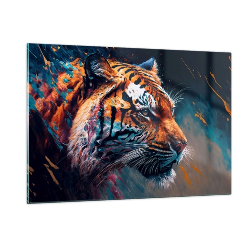 Glasbild - Bild auf glas - Porträt eines Tigers in einer künstlerischen Farbexplosion - 120x80cm - Wilde Schönheit - Moderne Wanddekoration für Wohnzimmer und Schlafzimmer ARTTOR
