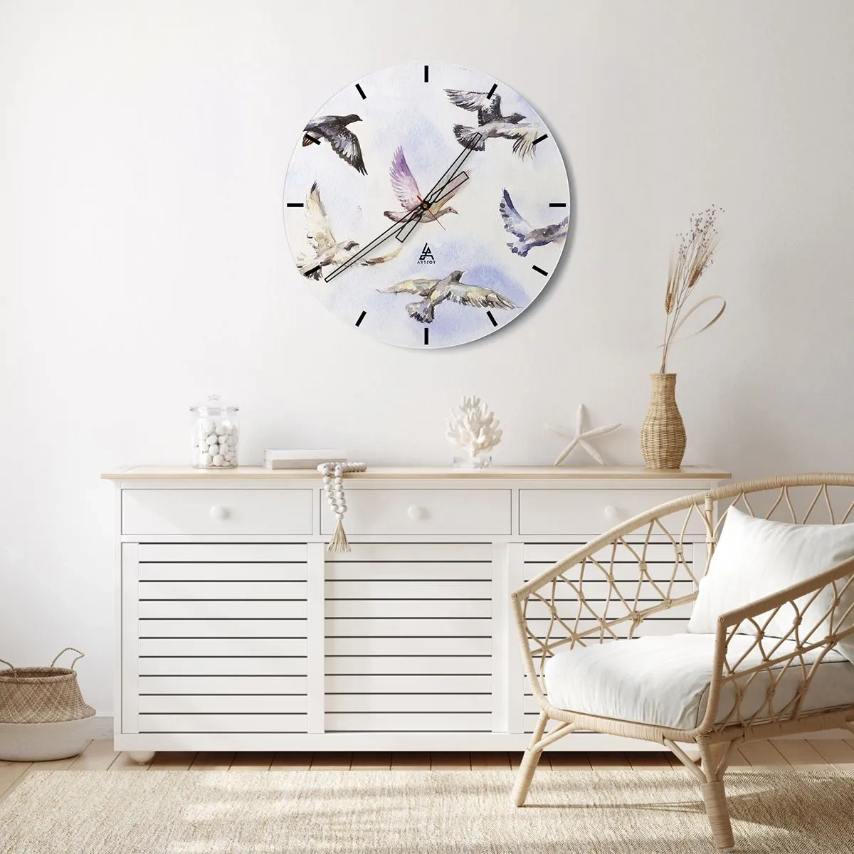 Wanduhr - Glasuhr - Ein Vogelschwarm im Flug vor einem Hintergrund in zarten Blautönen - 30x30cm - Freiheit in Grau und Blau - Moderne Wanddekoration für Wohnzimmer, Küche und Schlafzimmer ARTTOR
