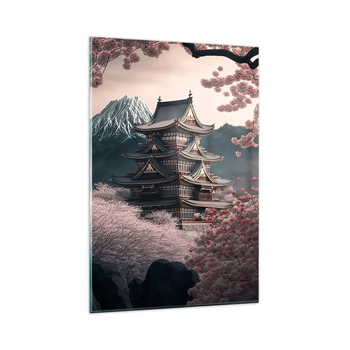 Glasbild - Bild auf glas - Ein japanischer Tempel, umgeben von Kirschblüten und Bergen - 80x120cm - Land der Kirschblüten - Moderne Wanddekoration für Wohnzimmer und Schlafzimmer ARTTOR