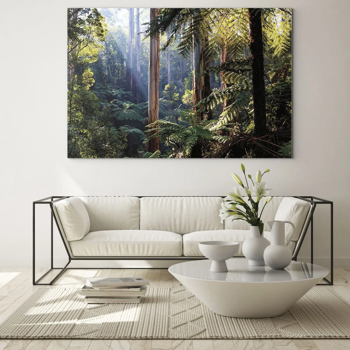 Glasbild - Bild auf glas - Grüner tropischer Wald mit Sonnenstrahlen - 120x80cm - Ein Waldmärchen - Moderne Wanddekoration für Wohnzimmer und Schlafzimmer ARTTOR