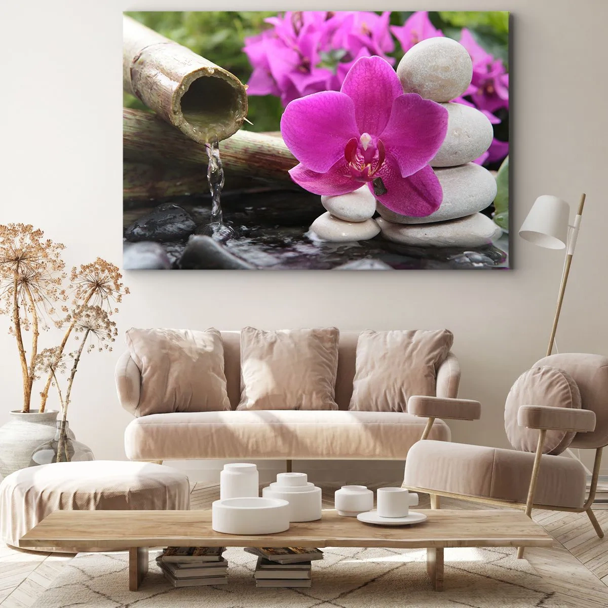 Bild auf Leinwand - Leinwandbild - Lila Orchidee, Steine und Bambus mit Wasser in einer entspannenden Umgebung - 70x50cm - Du ruhst dich schon aus - Moderne Wanddekoration für Wohnzimmer und Schlafzimmer ARTTOR