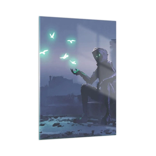Glasbild - Bild auf glas - Eine Gestalt im Dunkeln, umgeben von schwebenden grünen Vögeln - 50x70cm - Das Leben wird zurückkommen - Moderne Wanddekoration für Wohnzimmer und Schlafzimmer ARTTOR