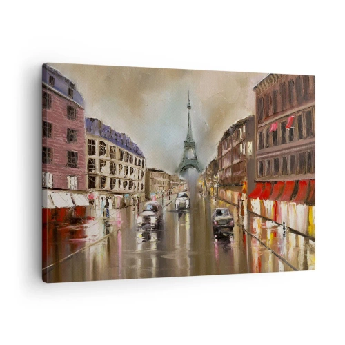 Bild auf Leinwand - Leinwandbild - Abendliches Straßenbild von Paris mit Blick auf den Eiffelturm - 70x50cm - Nur sie zählt - Moderne Wanddekoration für Wohnzimmer und Schlafzimmer ARTTOR