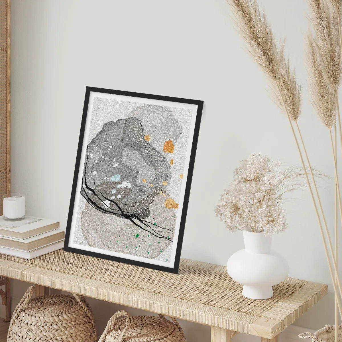 Poster in einem schwarzem Rahmen - Eine Komposition aus organischen Formen in Grau- und Goldtönen. - 50x70cm - Organische Komposition - Moderne Wanddekoration für Wohnzimmer und Schlafzimmer ARTTOR