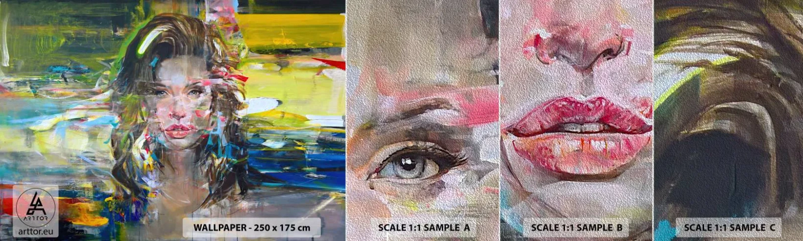 Fototapeten Muster Premium Sand - Hinter der Luft ein Vorhang - Porträt einer Frau, Gesicht, Abstraktion - 100x30 cm