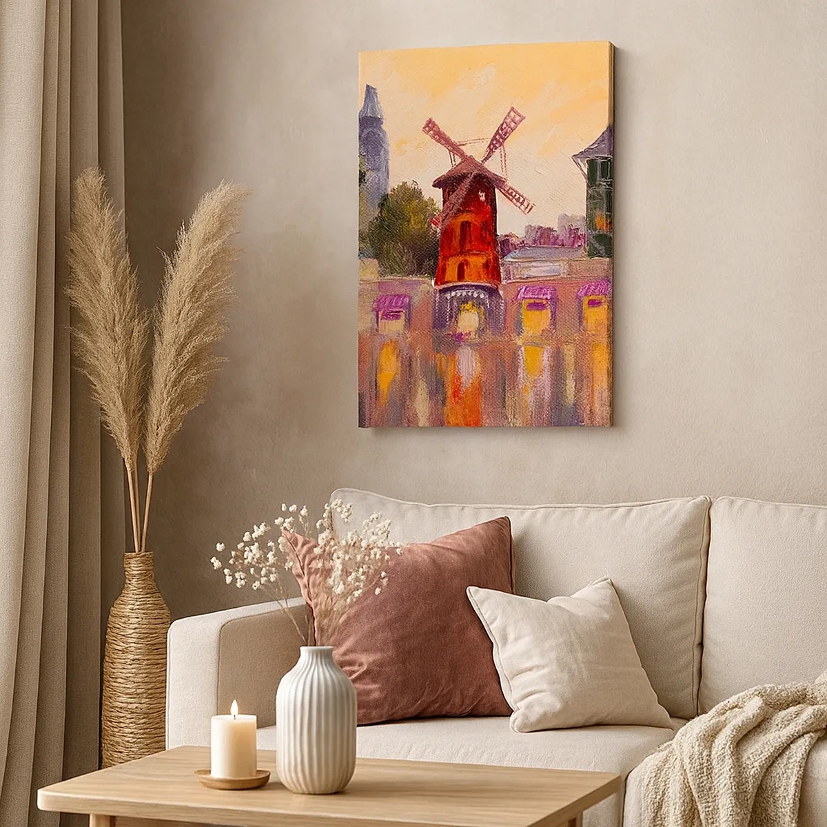 Bild auf Leinwand - Leinwandbild - Die rote Windmühle des Moulin Rouge, umgeben von der Stadtlandschaft - 50x70cm - Pariser Ikonen – Moulin Rouge - Moderne Wanddekoration für Wohnzimmer und Schlafzimmer ARTTOR