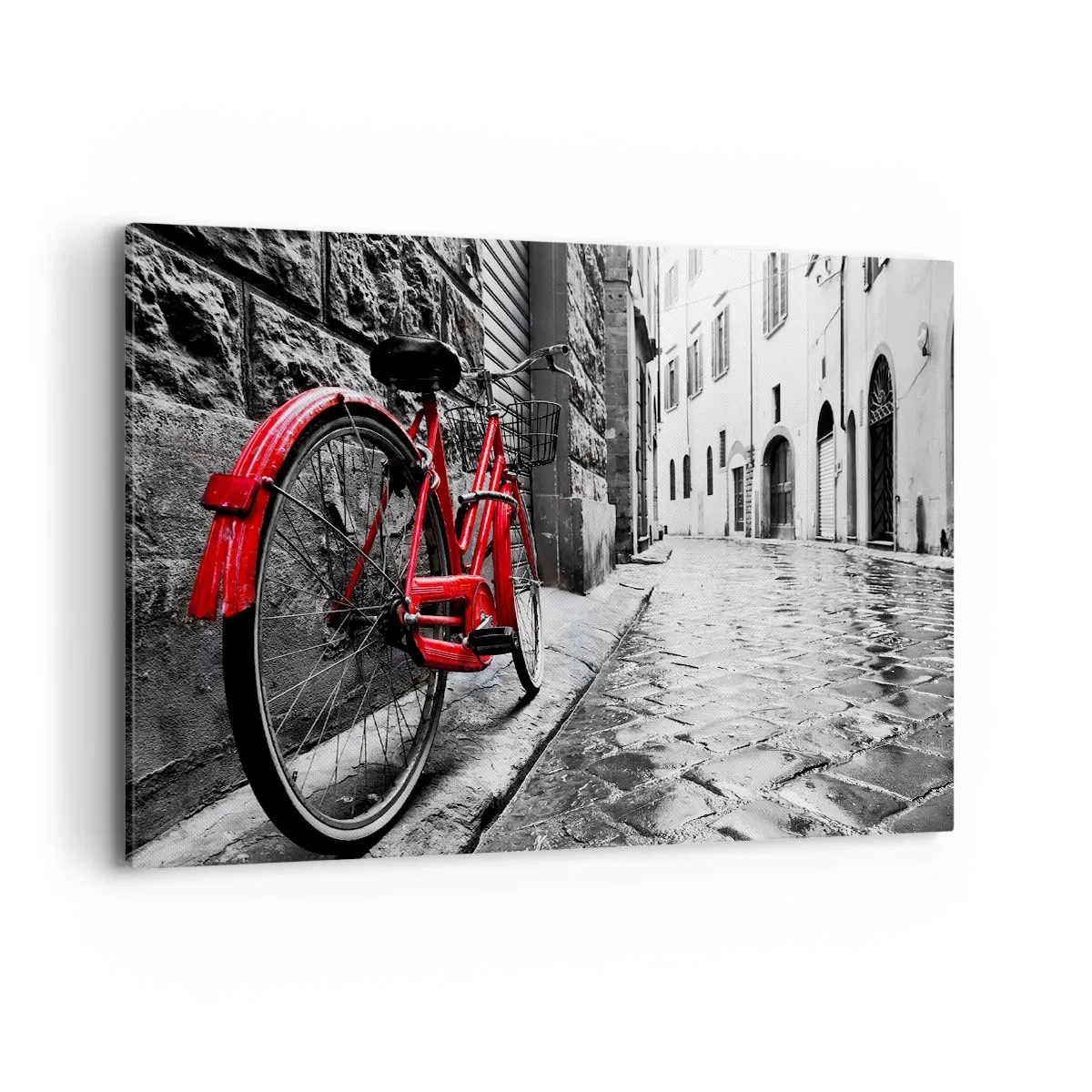 Bild auf Leinwand - Leinwandbild - Rotes Fahrrad in einer schwarz-weißen Straße - 120x80cm - Wahre Schönheit wird nicht alt - Moderne Wanddekoration für Wohnzimmer und Schlafzimmer ARTTOR