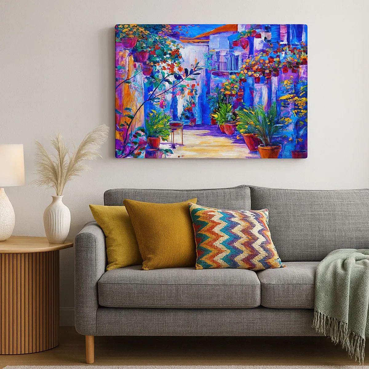 Bild auf Leinwand - Leinwandbild - Eine bunte Straße voller Blumen - 70x50cm - Impresja - eine italienische Straße - Moderne Wanddekoration für Wohnzimmer und Schlafzimmer ARTTOR