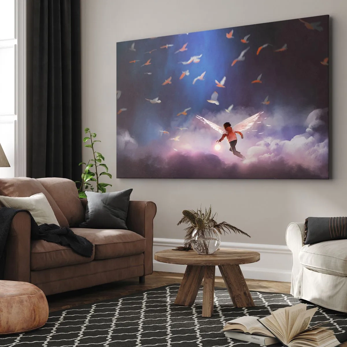 Bild auf Leinwand - Leinwandbild - Eine Figur mit Engelsflügeln, die zwischen Vögeln am Himmel schwebt - 100x70cm - Du brauchst Fantasie und Mut - Moderne Wanddekoration für Wohnzimmer und Schlafzimmer ARTTOR