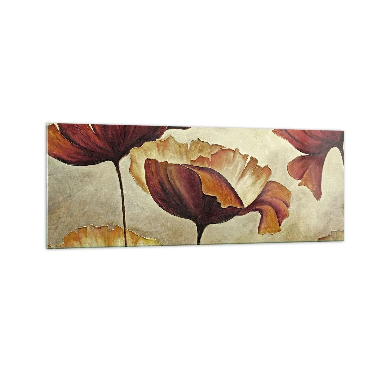 Glasbild - Bild auf glas - Dezente Blumen in Rot- und Goldtönen auf hellem Untergrund - 140x50cm - Weideland - Moderne Wanddekoration für Wohnzimmer und Schlafzimmer ARTTOR