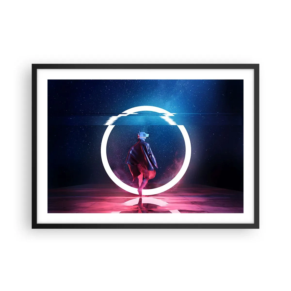 Poster in einem schwarzem Rahmen - Eine Figur in einer futuristischen Umgebung mit einem Neonkreis - 70x50cm - Zwischen den Welten - Moderne Wanddekoration für Wohnzimmer und Schlafzimmer ARTTOR