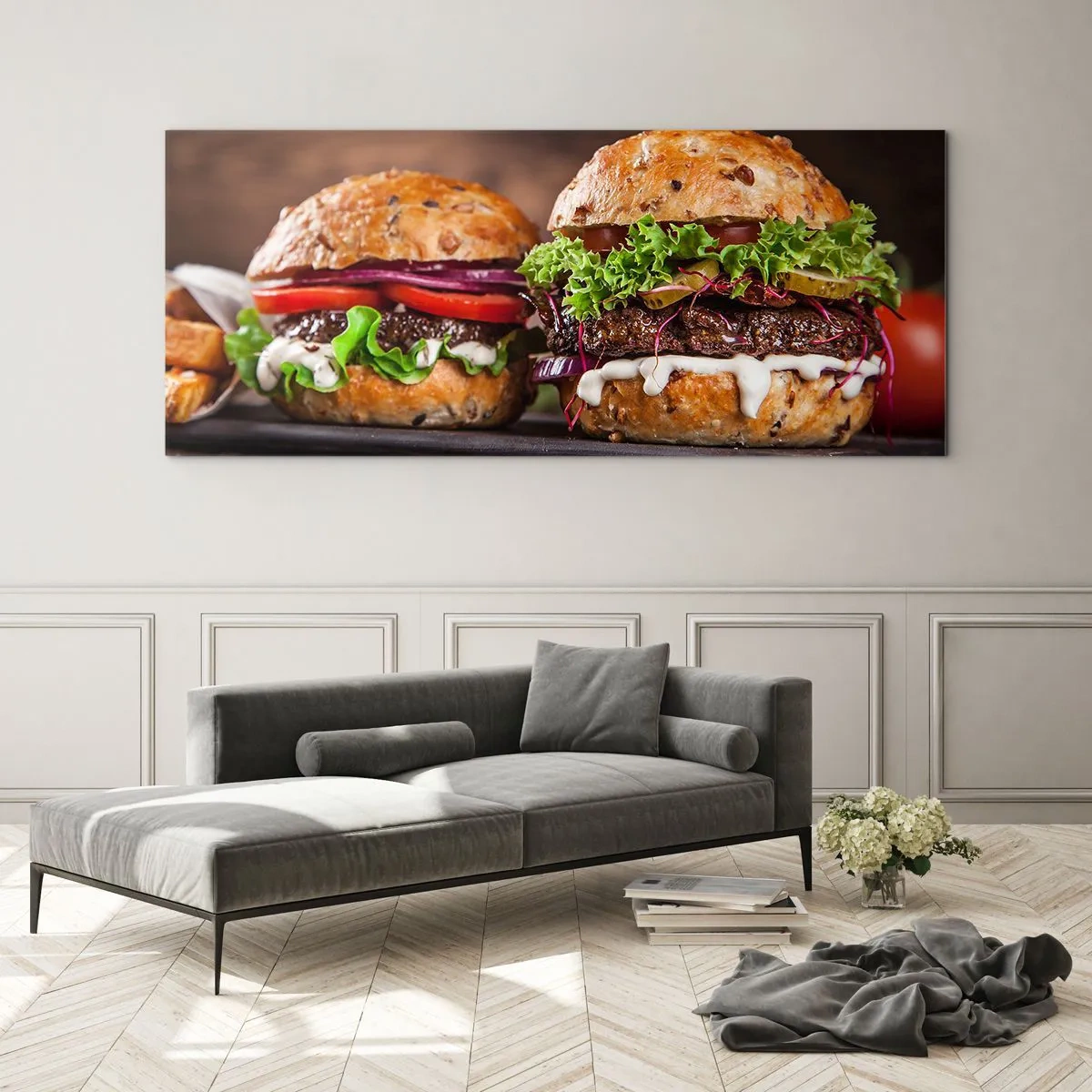 Glasbild - Bild auf glas - Appetitliche Burger mit Gemüse und Sauce - 140x50cm - Amerikanischer Traum - Moderne Wanddekoration für Wohnzimmer und Schlafzimmer ARTTOR