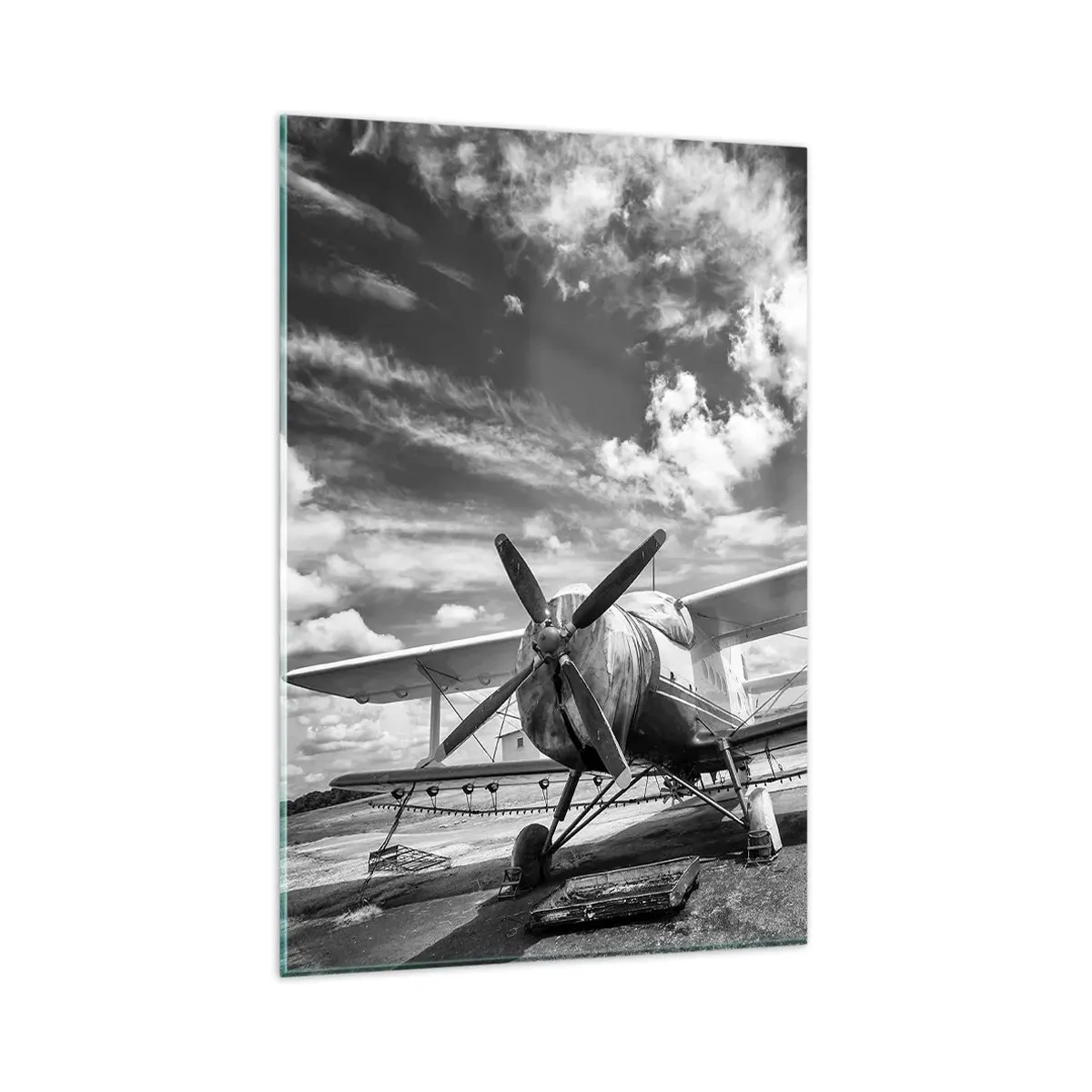 Glasbild - Bild auf glas - Ein altes Flugzeug auf dem Flughafen in Schwarz und Weiß - 80x120cm - Ich kann es kaum erwarten! - Moderne Wanddekoration für Wohnzimmer und Schlafzimmer ARTTOR