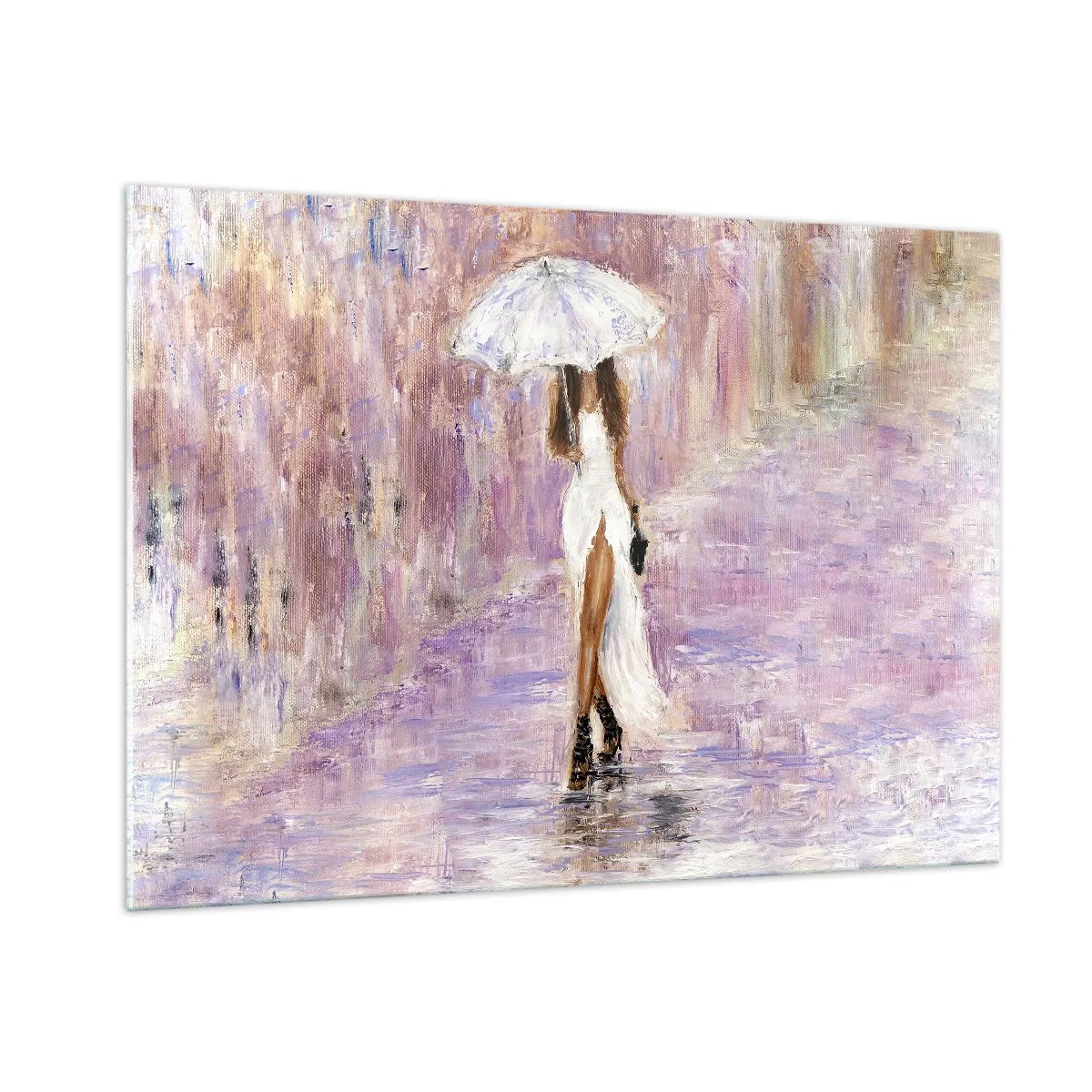 Glasbild - Bild auf glas - Figur einer Frau mit Regenschirm in einer lila Regenszene - 100x70cm - Im lila Regen - Moderne Wanddekoration für Wohnzimmer und Schlafzimmer ARTTOR