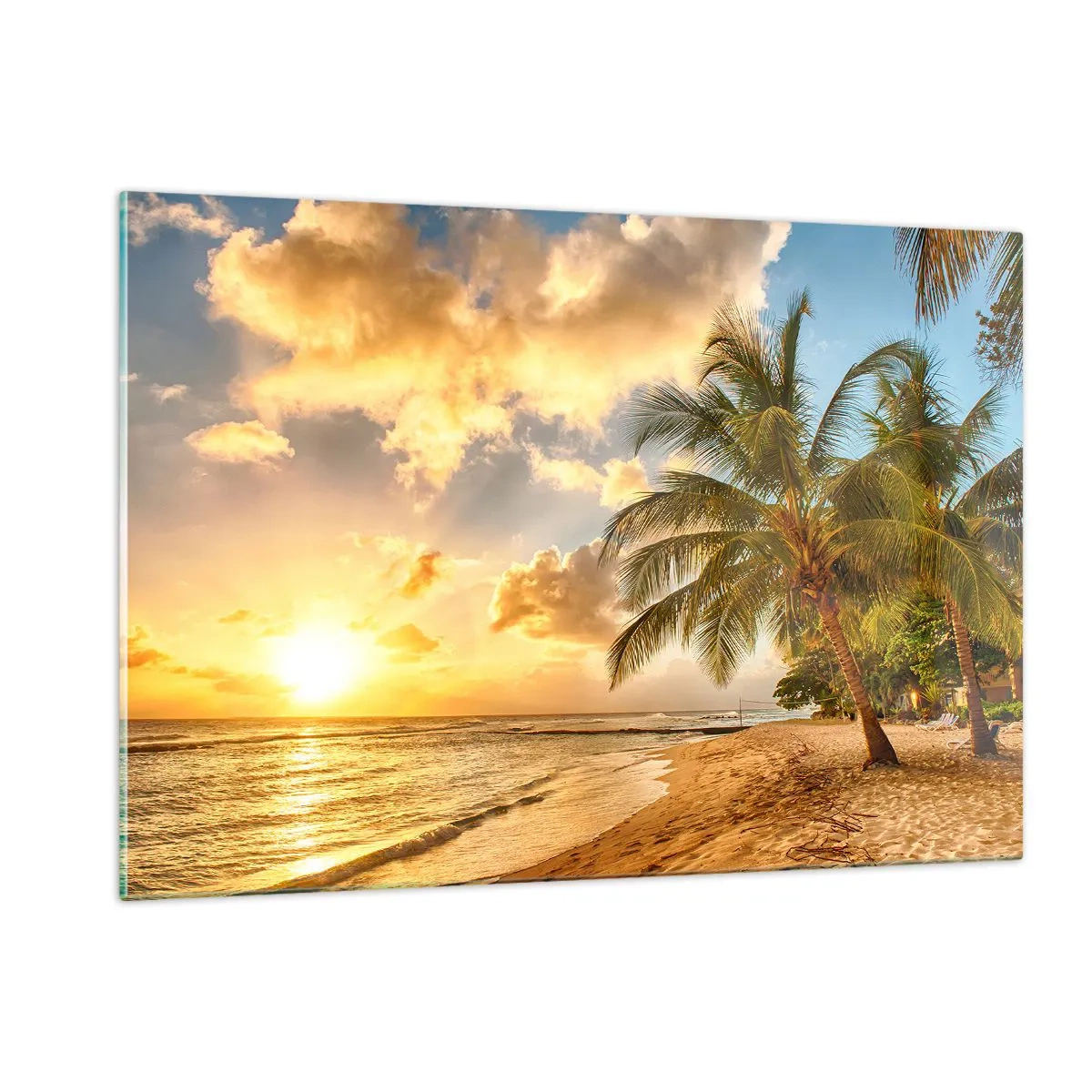Glasbild - Bild auf glas - Palmenstrand bei Sonnenuntergang mit warmen Himmelsfarben - 120x80cm - Ewiger Sommer, immer Urlaub - Moderne Wanddekoration für Wohnzimmer und Schlafzimmer ARTTOR